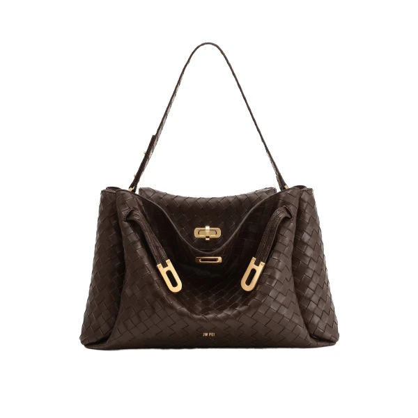 JW PEI Rhea Large Woven Textured Shoulder Bag in Dark Brown | Shoulder & Crossbody Bags | Coveti