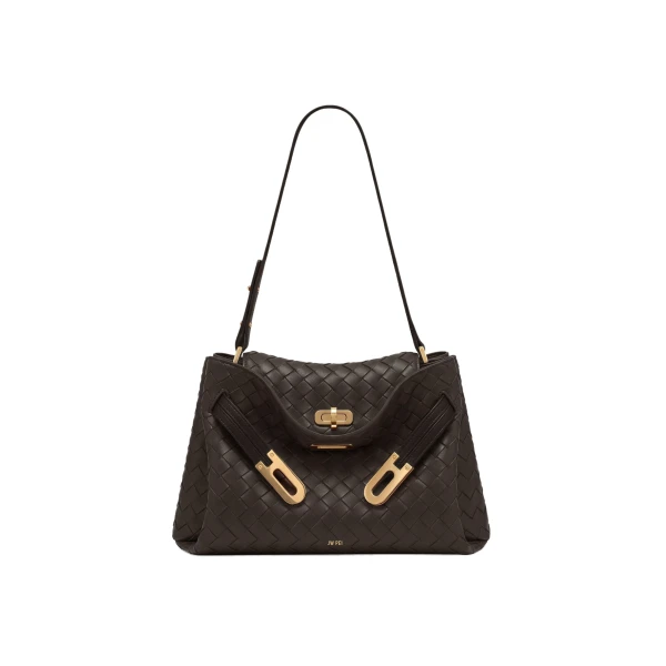 JW PEI Rhea Woven Texture Double Buckle Shoulder Bag in Chocolate Brown | Shoulder & Crossbody Bags | Coveti