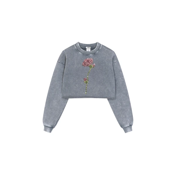 JW PEI Rhinestone Rose Frayed Hem Cropped Pullover in Vintage Slate | Sweater | Coveti