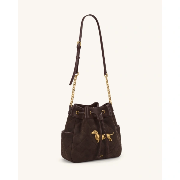 JW PEI Riley Faux Suede Dachshund Quilted Bucket Bag in Brown | Bucket Bags | Coveti
