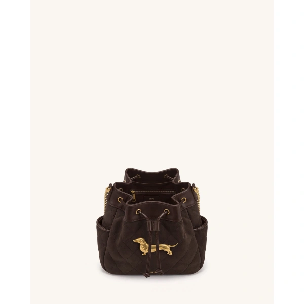 JW PEI Riley Faux Suede Dachshund Quilted Bucket Bag in Brown | Bucket Bags | Coveti