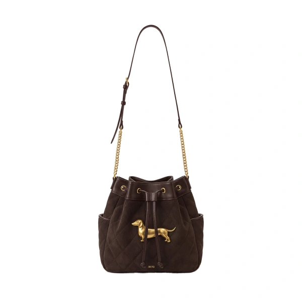 Riley Faux Suede Dachshund Quilted Bucket Bag in Brown