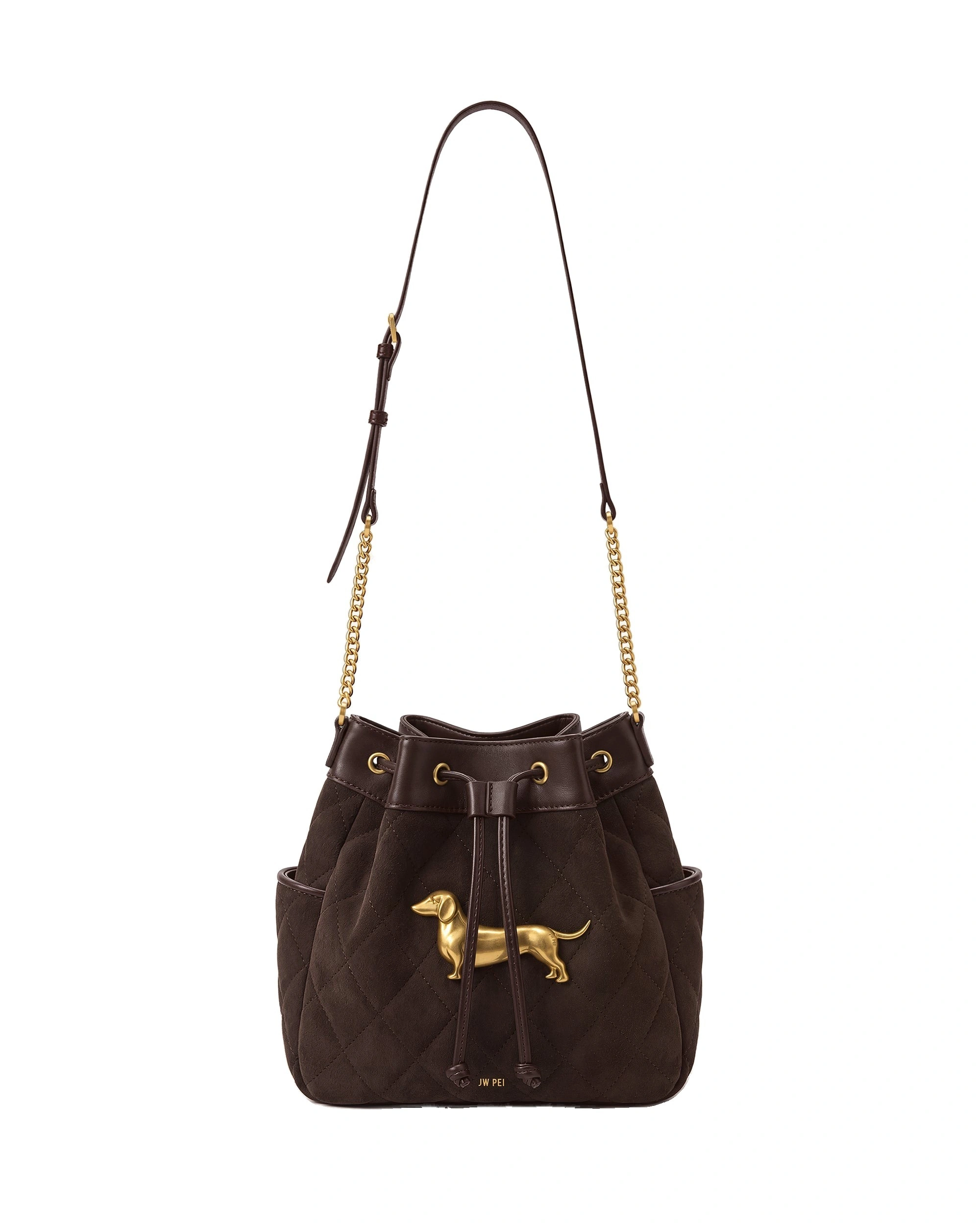 JW PEI Riley Faux Suede Dachshund Quilted Bucket Bag in Brown JW PEI Riley Faux Suede Dachshund Quilted Bucket Bag in Brown | Bucket Bags | Coveti