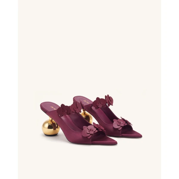 JW PEI Rosalie Orchid Applique Sphere Heel Mules in Burgundy | Mules | Coveti