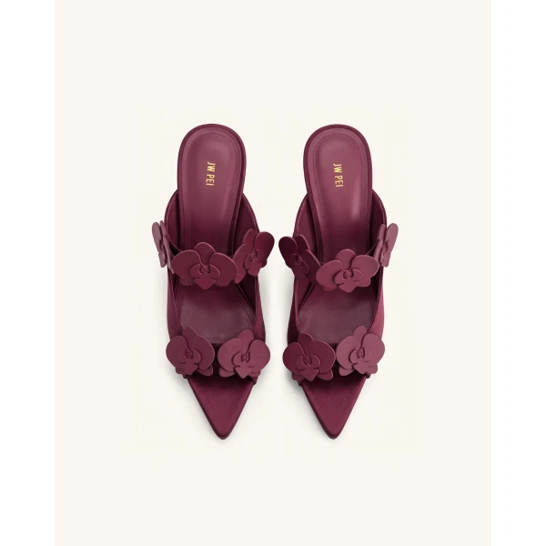 JW PEI Rosalie Orchid Applique Sphere Heel Mules in Burgundy | Mules | Coveti