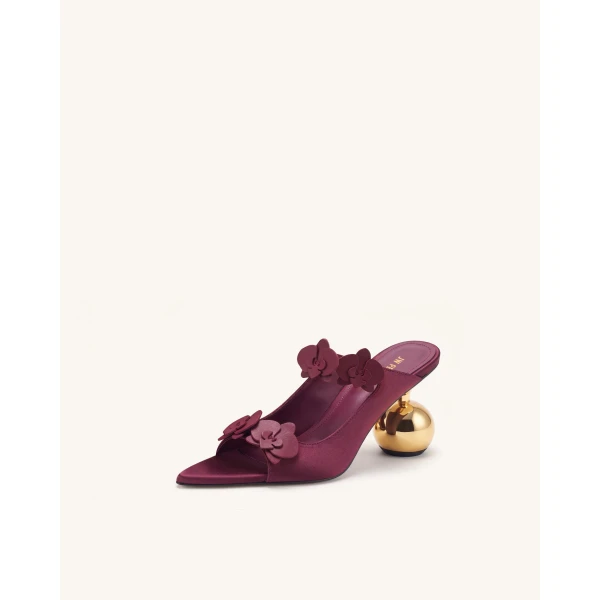 JW PEI Rosalie Orchid Applique Sphere Heel Mules in Burgundy | Mules | Coveti