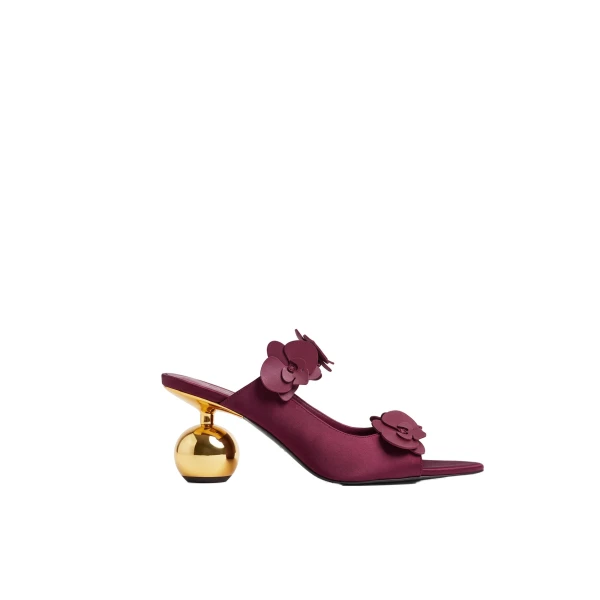 JW PEI Rosalie Orchid Applique Sphere Heel Mules in Burgundy | Mules | Coveti