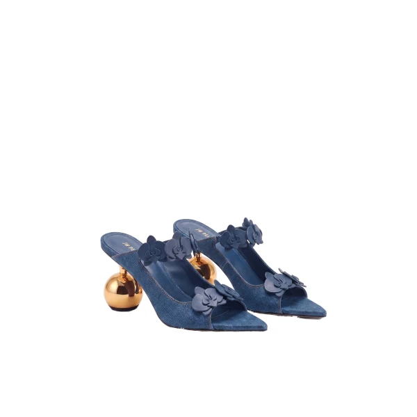 JW PEI Rosalie Orchid Applique Sphere Heel Mules in Denim Blue | Mules | Coveti