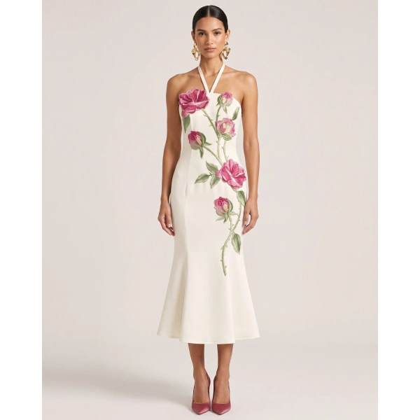 JW PEI Rose Embroidered Halter-Neck Midi Dress in Off White | Midi Dresses | Coveti