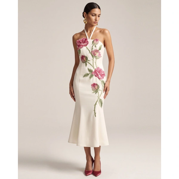 JW PEI Rose Embroidered Halter-Neck Midi Dress in Off White | Midi Dresses | Coveti
