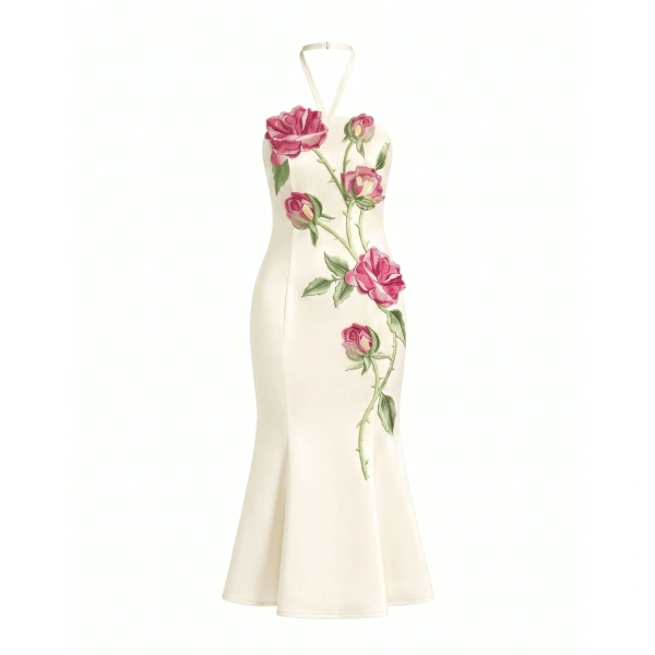 Rose Embroidered Halter-Neck Midi Dress in Off White