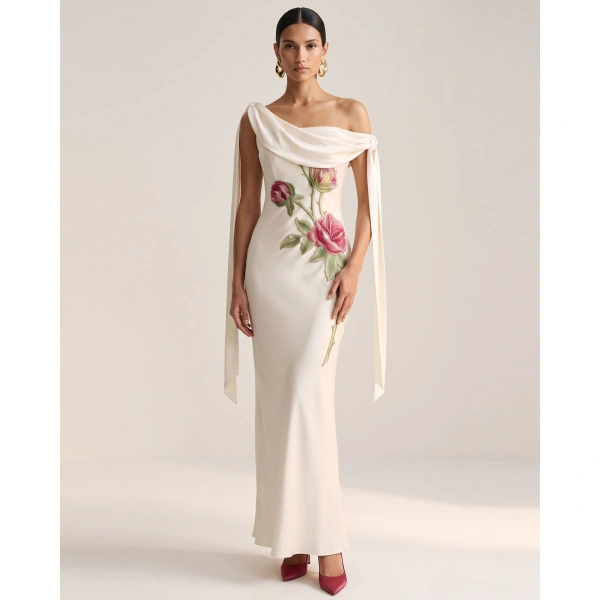 JW PEI Rose Embroidered One-Shoulder Drape Gown in Pure White | Evening Gowns | Coveti