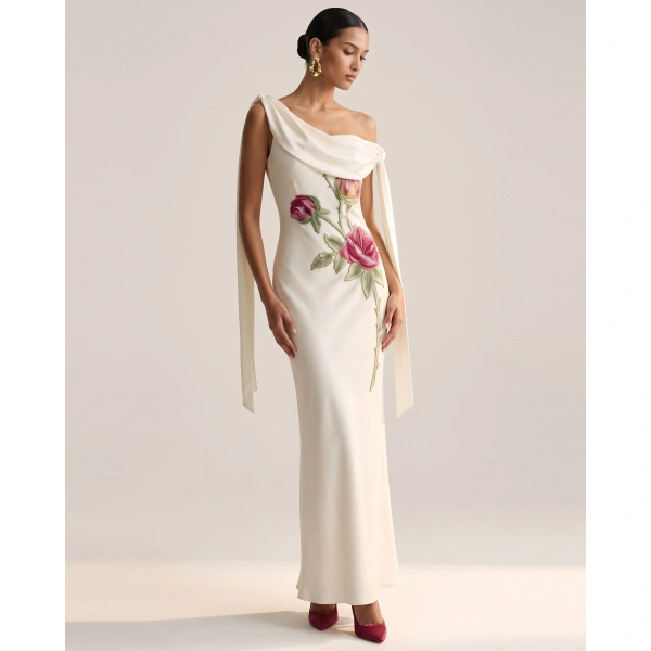 JW PEI Rose Embroidered One-Shoulder Drape Gown in Pure White | Evening Gowns | Coveti
