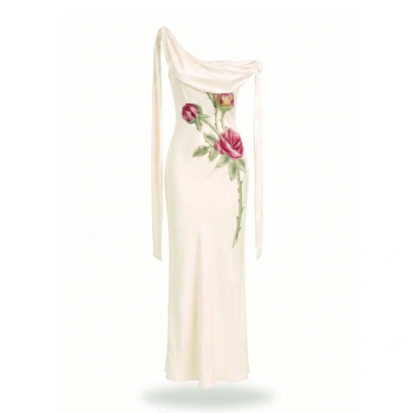 Rose Embroidered One-Shoulder Drape Gown in Pure White