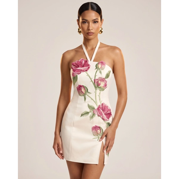 JW PEI Rose Embroidered Side-Slit Halter Mini Dress in Pure White | Mini Dresses | Coveti