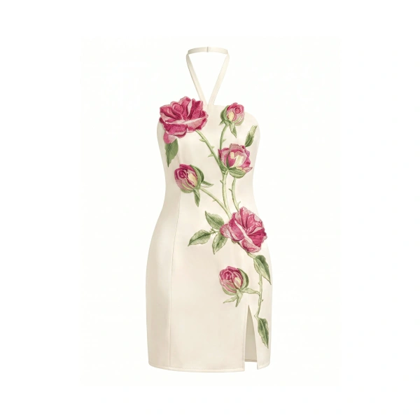Rose Embroidered Side-Slit Halter Mini Dress in Pure White