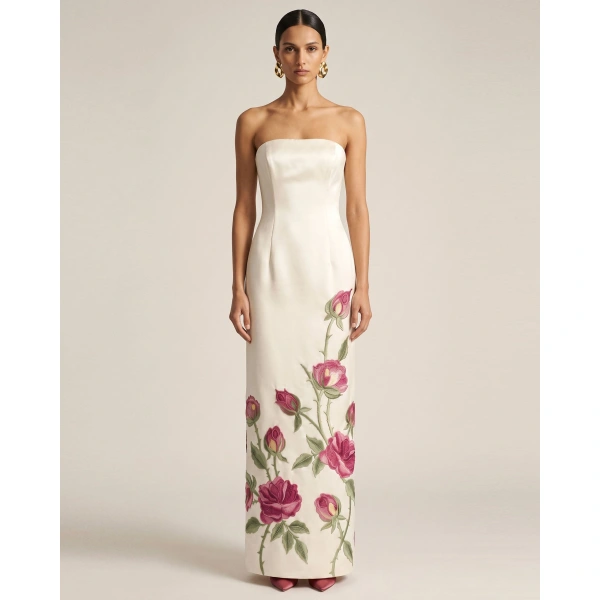 JW PEI Rose Embroidered Strapless Long Dress in Pure White | Maxi Dresses | Coveti