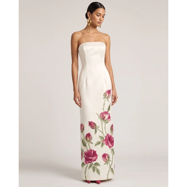 JW PEI Rose Embroidered Strapless Long Dress in Pure White | Maxi Dresses | Coveti
