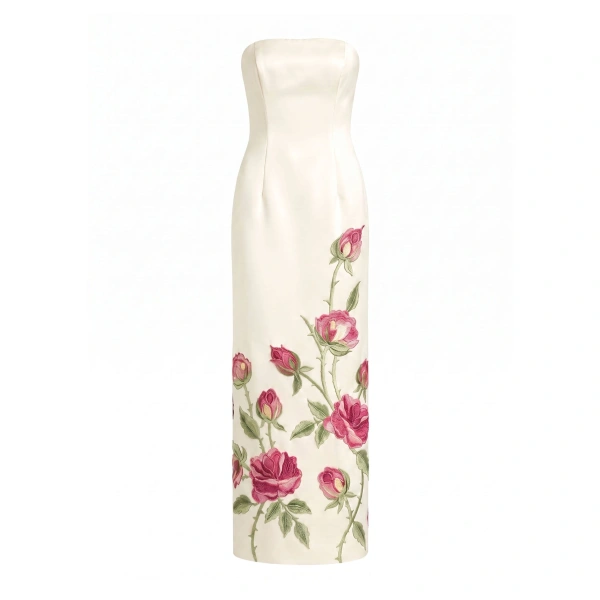 Rose Embroidered Strapless Long Dress in Pure White