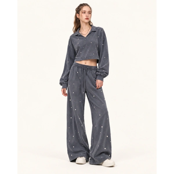 JW PEI Scattered Pearl Rhinestone Cropped Sweatshirt in Washed Slate | Tops | Coveti