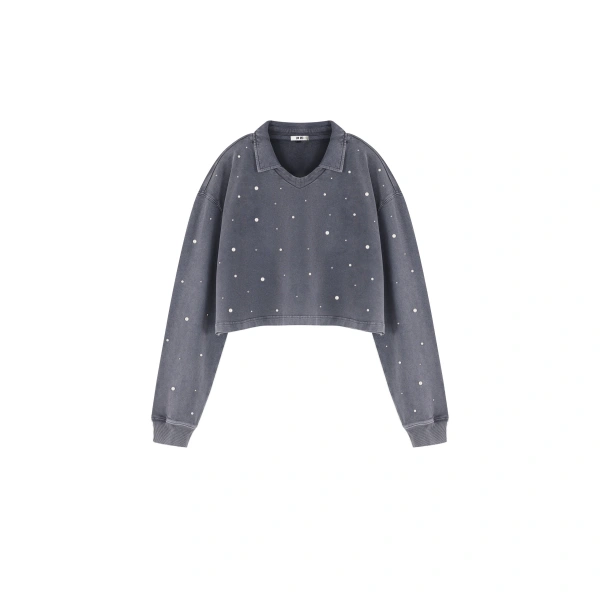 Scattered Pearl Rhinestone Cropped Sweatshirt in Washed Slate