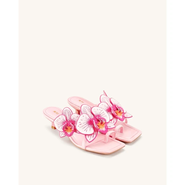JW PEI Serena Orchid Embroidered Toe Ring Heeled Sandals in Baby Pink | Sandals | Coveti