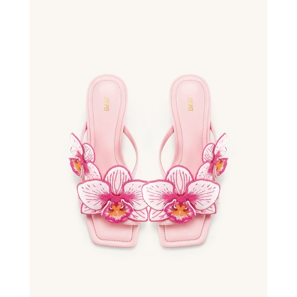 JW PEI Serena Orchid Embroidered Toe Ring Heeled Sandals in Baby Pink | Sandals | Coveti