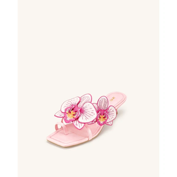 JW PEI Serena Orchid Embroidered Toe Ring Heeled Sandals in Baby Pink | Sandals | Coveti