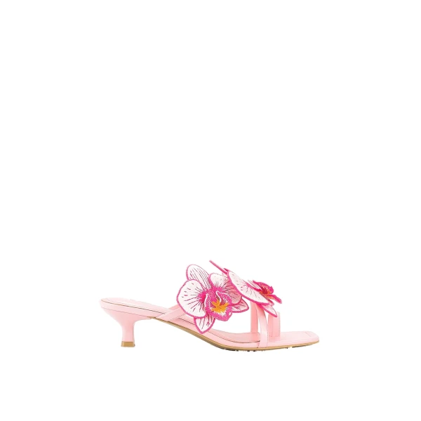 JW PEI Serena Orchid Embroidered Toe Ring Heeled Sandals in Baby Pink | Sandals | Coveti
