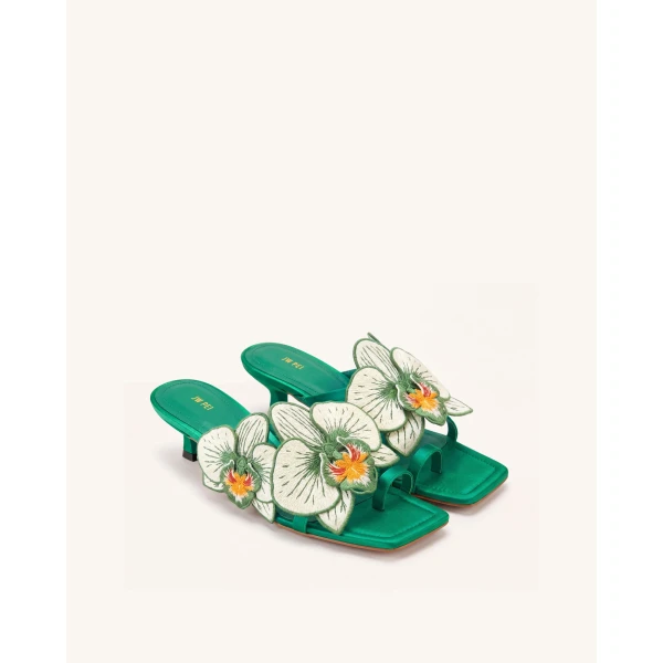 JW PEI Serena Orchid Embroidered Toe Ring Heeled Sandals in Emerald Green | Sandals | Coveti