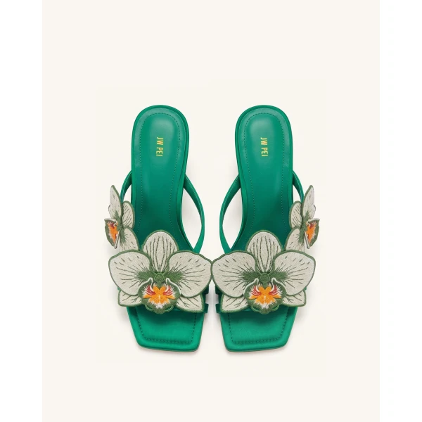 JW PEI Serena Orchid Embroidered Toe Ring Heeled Sandals in Emerald Green | Sandals | Coveti