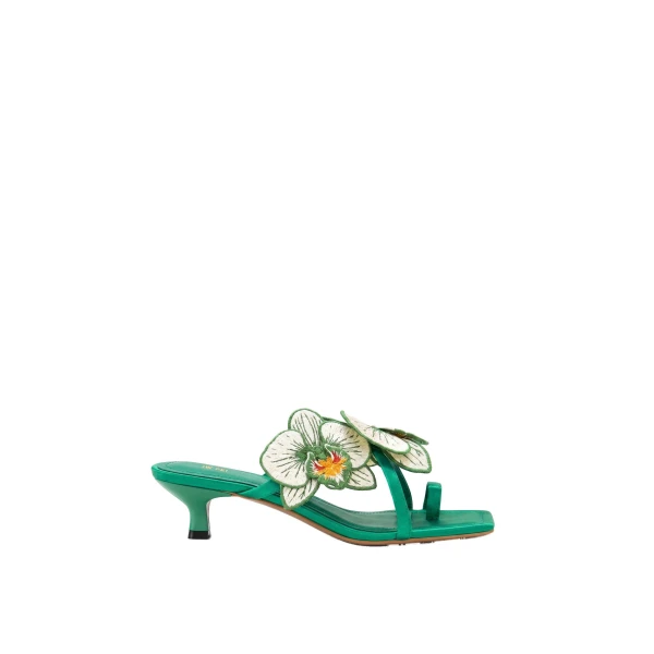 JW PEI Serena Orchid Embroidered Toe Ring Heeled Sandals in Emerald Green | Sandals | Coveti
