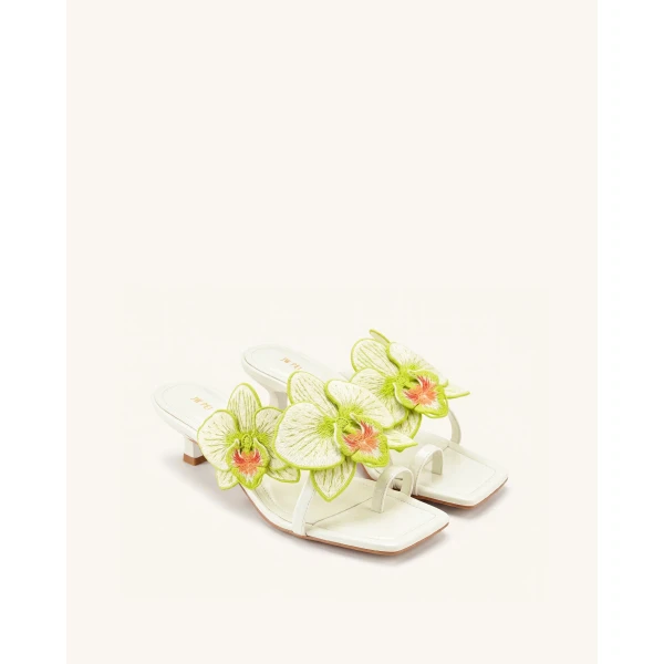 JW PEI Serena Orchid Embroidered Toe Ring Heeled Sandals in Ivory Green | Sandals | Coveti