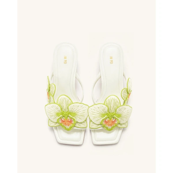 JW PEI Serena Orchid Embroidered Toe Ring Heeled Sandals in Ivory Green | Sandals | Coveti