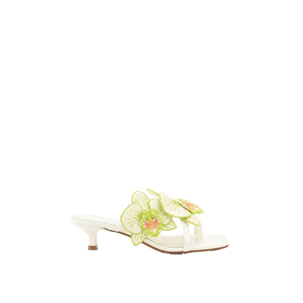 JW PEI Serena Orchid Embroidered Toe Ring Heeled Sandals in Ivory Green | Sandals | Coveti