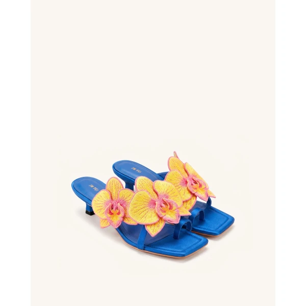 JW PEI Serena Orchid Embroidered Toe Ring Heeled Sandals in Royal Blue | Sandals | Coveti