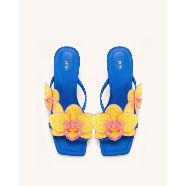 JW PEI Serena Orchid Embroidered Toe Ring Heeled Sandals in Royal Blue | Sandals | Coveti