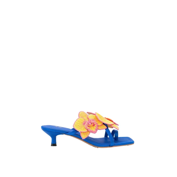 JW PEI Serena Orchid Embroidered Toe Ring Heeled Sandals in Royal Blue | Sandals | Coveti