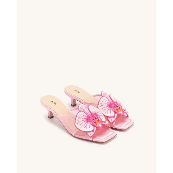 JW PEI Serena Oversized Orchid Embroidered Mules in Pink | Mules | Coveti
