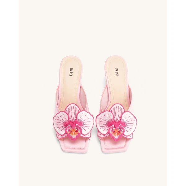 JW PEI Serena Oversized Orchid Embroidered Mules in Pink | Mules | Coveti