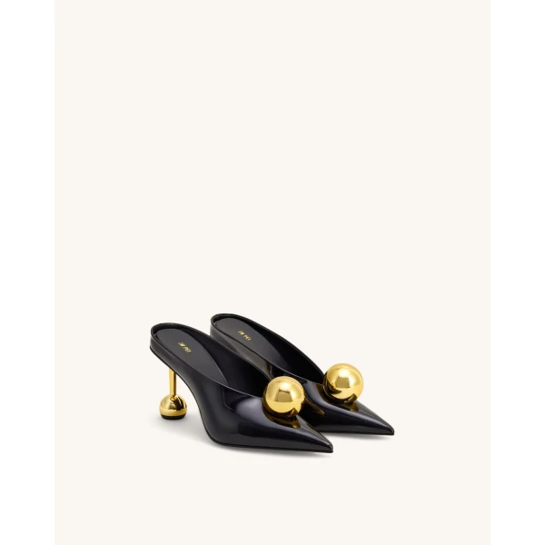 JW PEI Sofia Angled Vamp Heel Mules in Black & Gold | Mules | Coveti