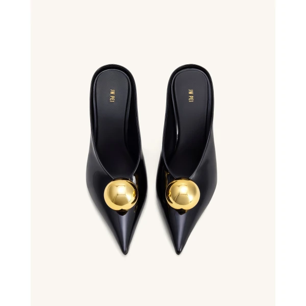 JW PEI Sofia Angled Vamp Heel Mules in Black & Gold | Mules | Coveti