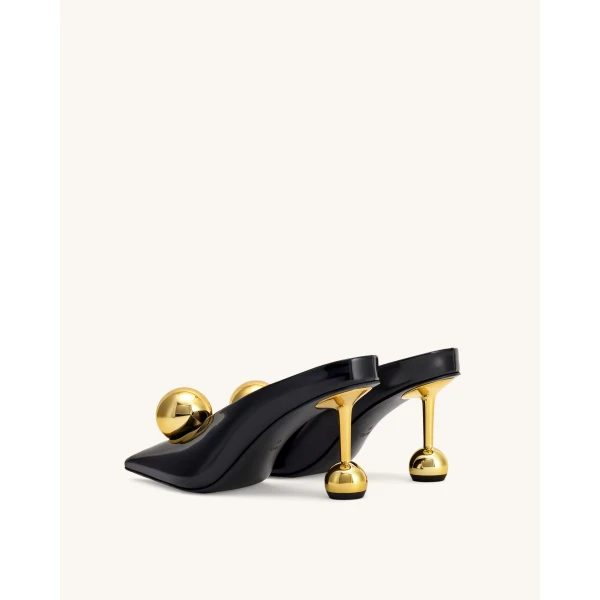 JW PEI Sofia Angled Vamp Heel Mules in Black & Gold | Mules | Coveti