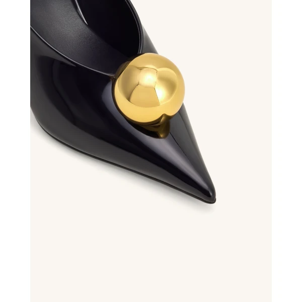 JW PEI Sofia Angled Vamp Heel Mules in Black & Gold | Mules | Coveti