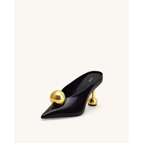 JW PEI Sofia Angled Vamp Heel Mules in Black & Gold | Mules | Coveti