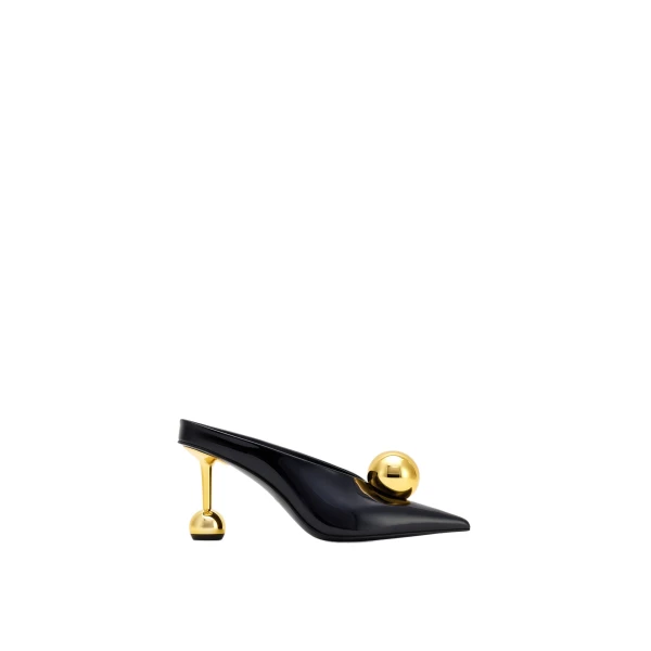 JW PEI Sofia Angled Vamp Heel Mules in Black & Gold | Mules | Coveti