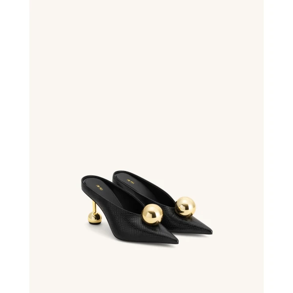 JW PEI Sofia Angled Vamp Snakeskin Heel Mules in Black | Mules | Coveti