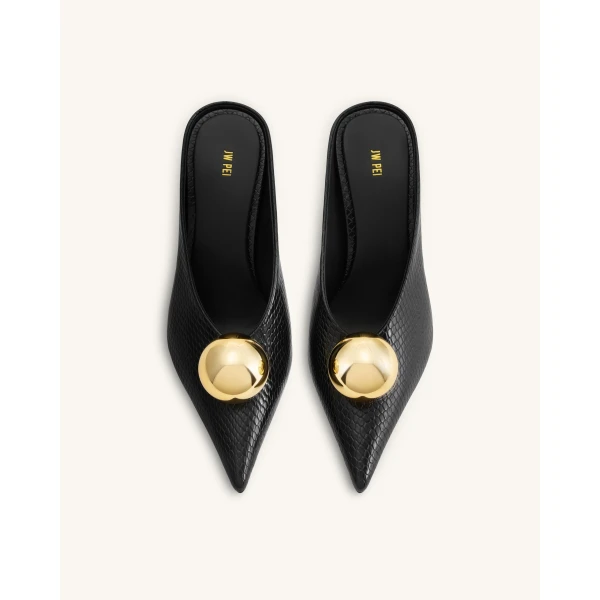 JW PEI Sofia Angled Vamp Snakeskin Heel Mules in Black | Mules | Coveti