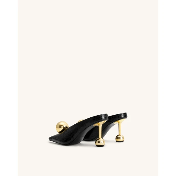 JW PEI Sofia Angled Vamp Snakeskin Heel Mules in Black | Mules | Coveti