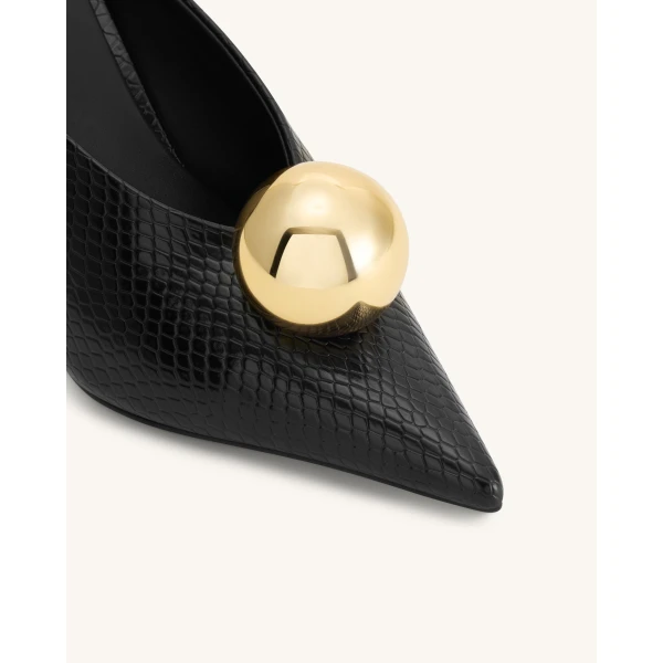 JW PEI Sofia Angled Vamp Snakeskin Heel Mules in Black | Mules | Coveti